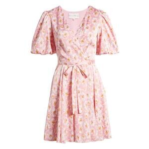 Charles Henry Pink Daisy Floral Faux Wrap Puff Sleeve Mini Dress Womens Small